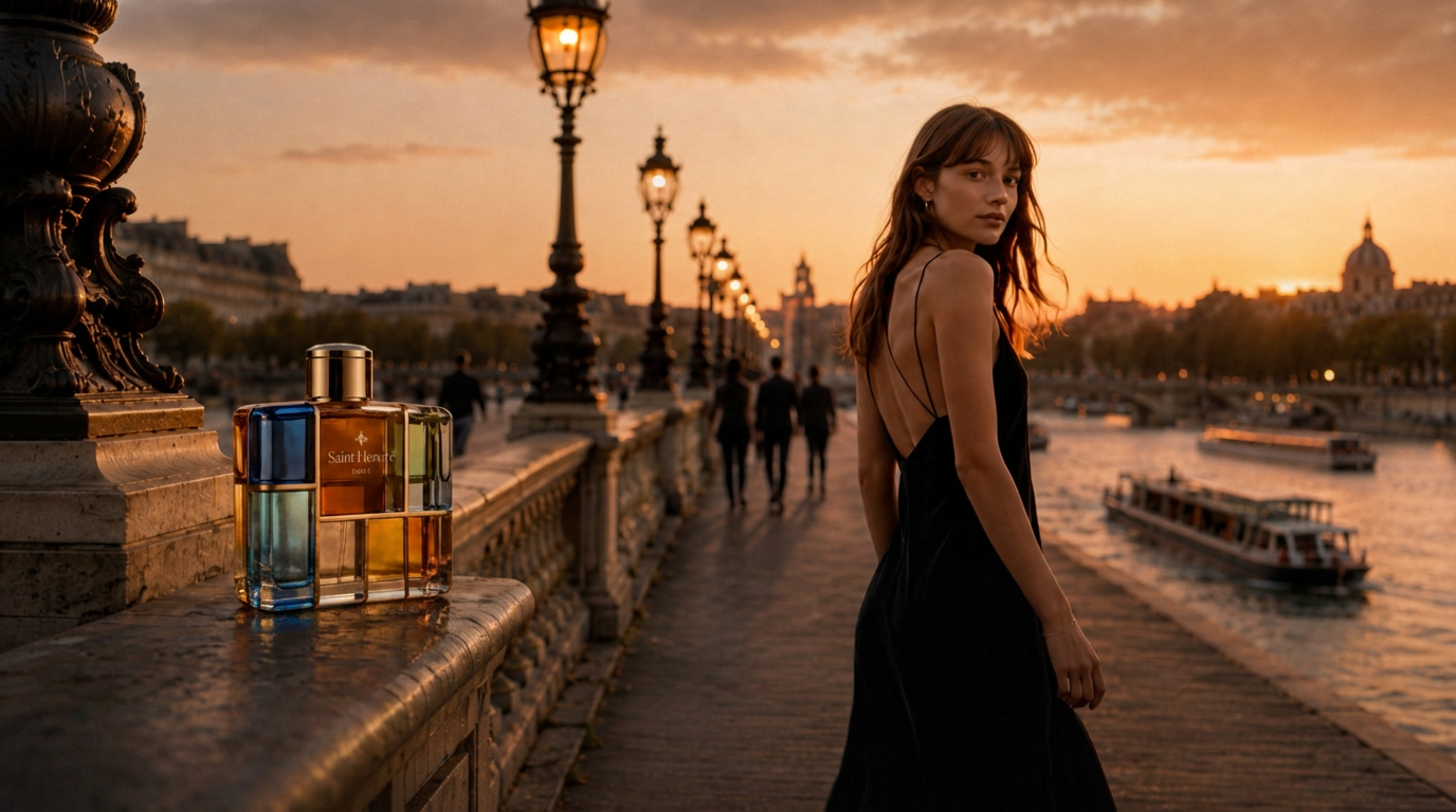 Silhouette de femme sur un pont parisien au coucher du soleil